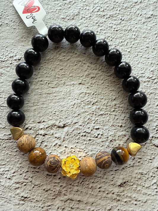 🌼 Grounded Grace – Obsidian, Elefantenhaut-Jaspis & Goldblume
