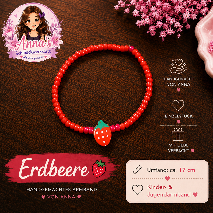 Handgemachtes Kinderarmband „Erdbeere“ – 17 cm