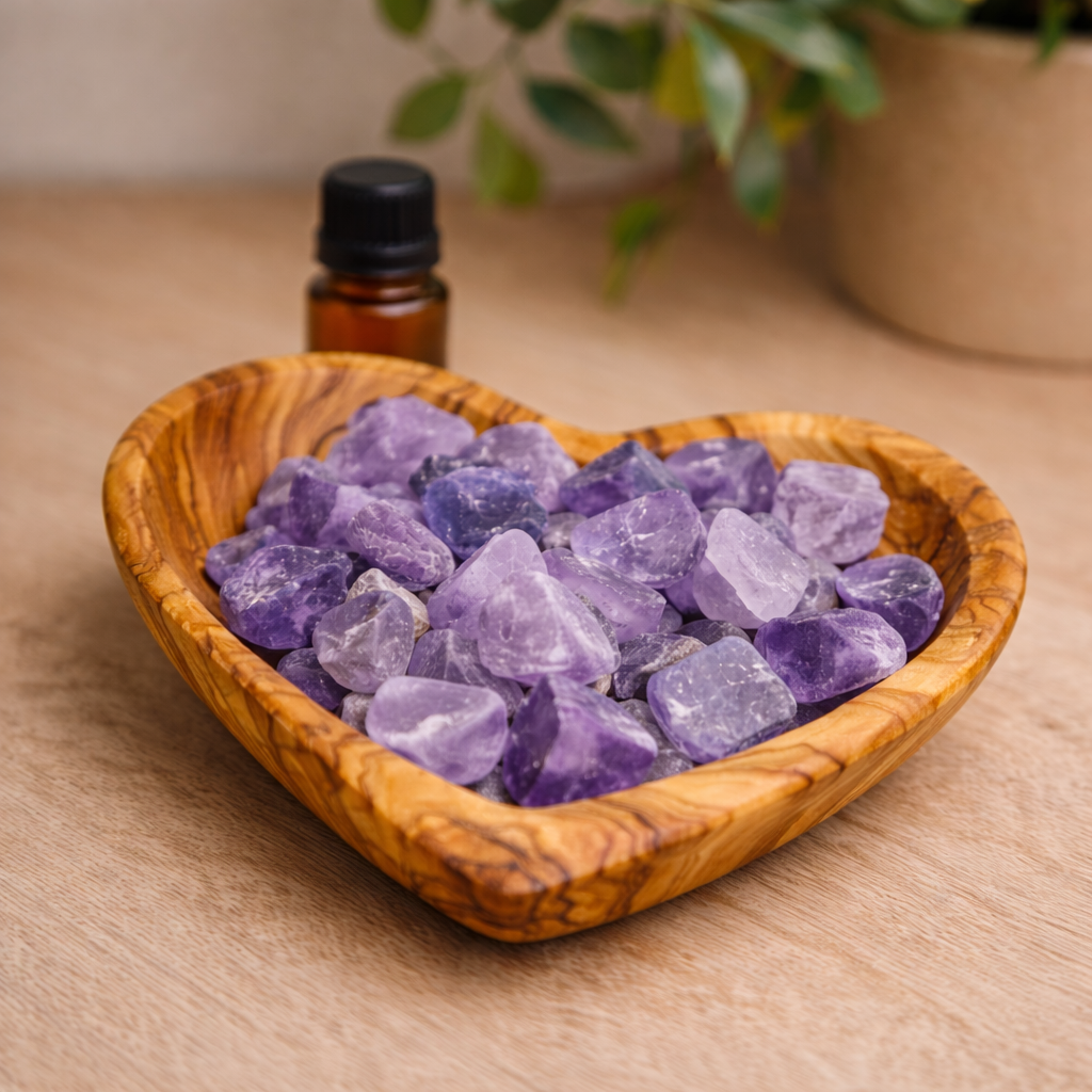 Passivdiffuser aus Olivenholz mit Rohsteinen