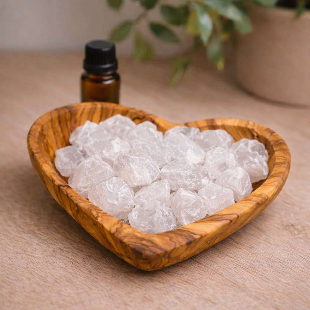 Passivdiffuser aus Olivenholz mit Rohsteinen