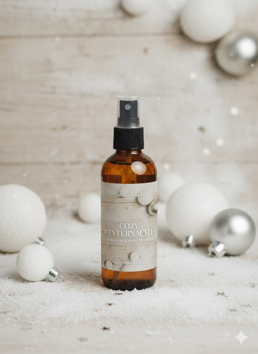 Raumspray Cozy Winternacht mit Duftnoten von Baumwollblüte, Moschus & Zedernholz.