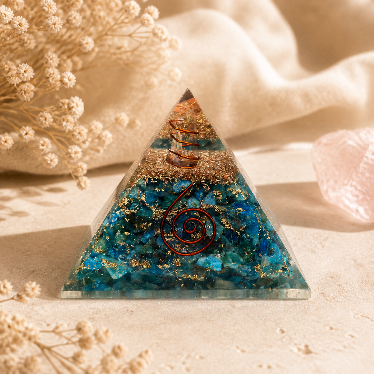 Orgonit-Pyramide aus Apatit mit Kupferspirale