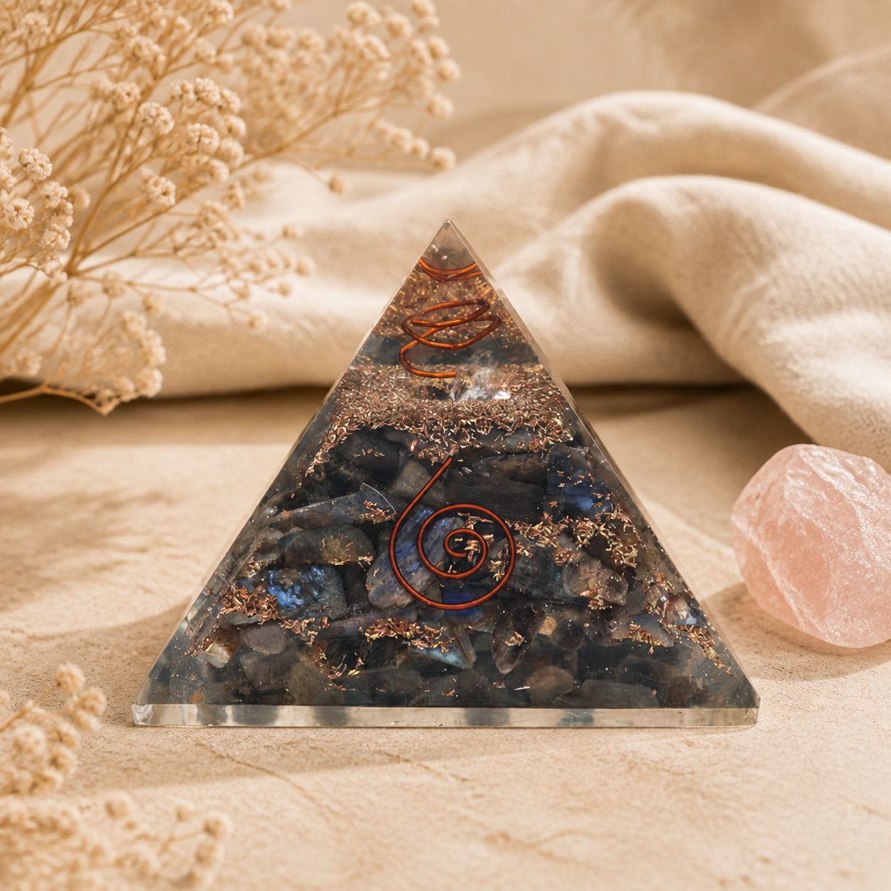 Orgonit-Pyramide aus blauem Saphir mit Kupferspirale