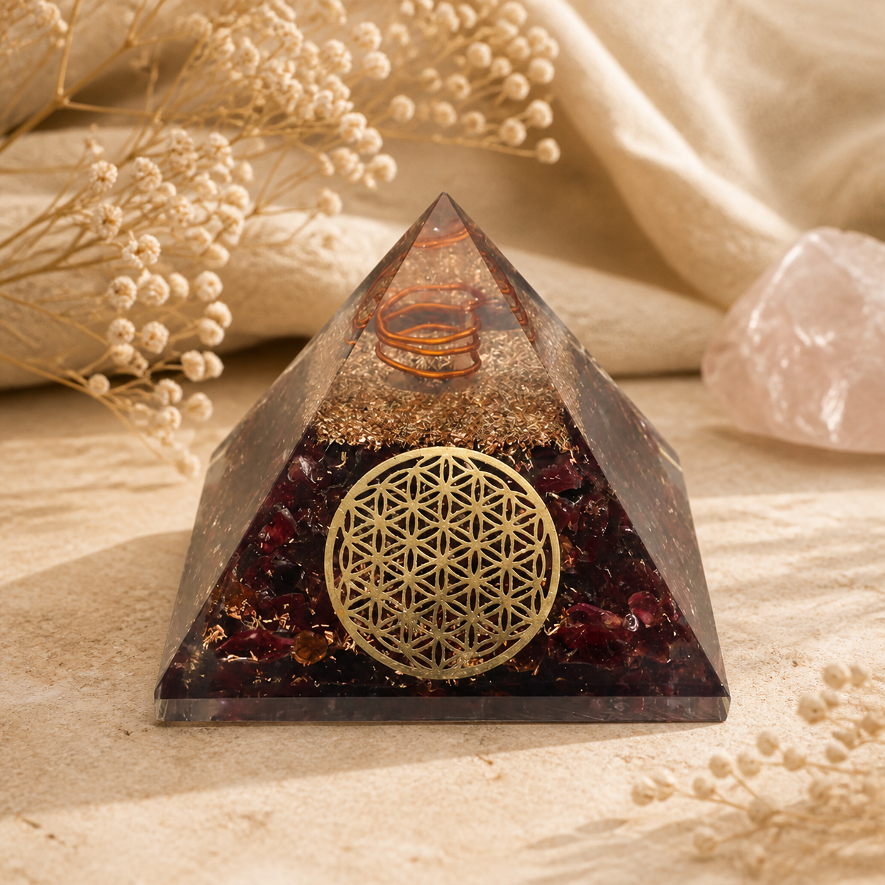 Orgonit-Pyramide aus Granat mit Blume des Lebens