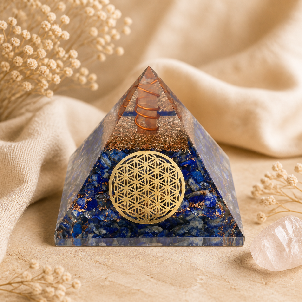 Orgonit-Pyramide aus Lapislazuli mit Blume des Lebens