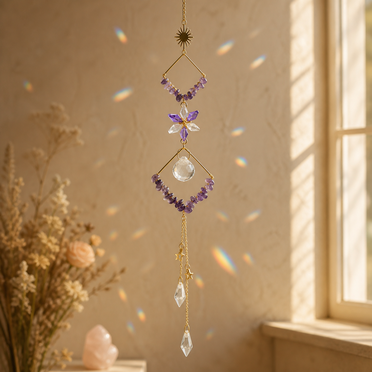 Sonnenfänger mit Amethyst und Rhomben in warmer Fensterszene