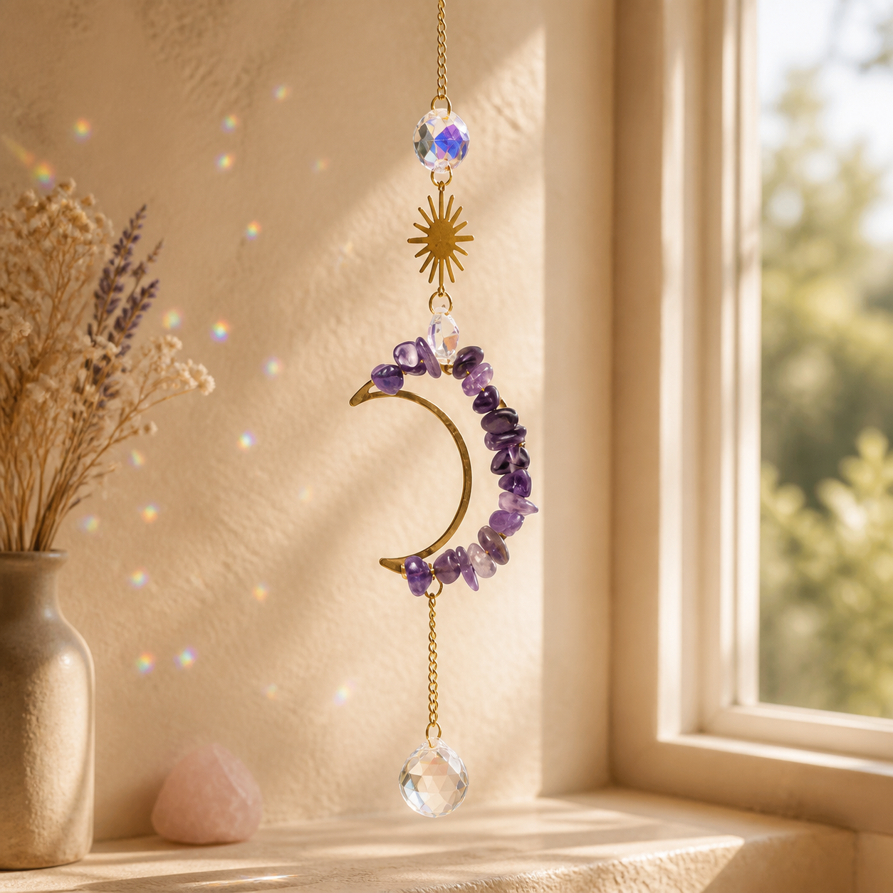 Sonnenfänger Amethystmond mit Kristallkugel in warmer Fensterszene