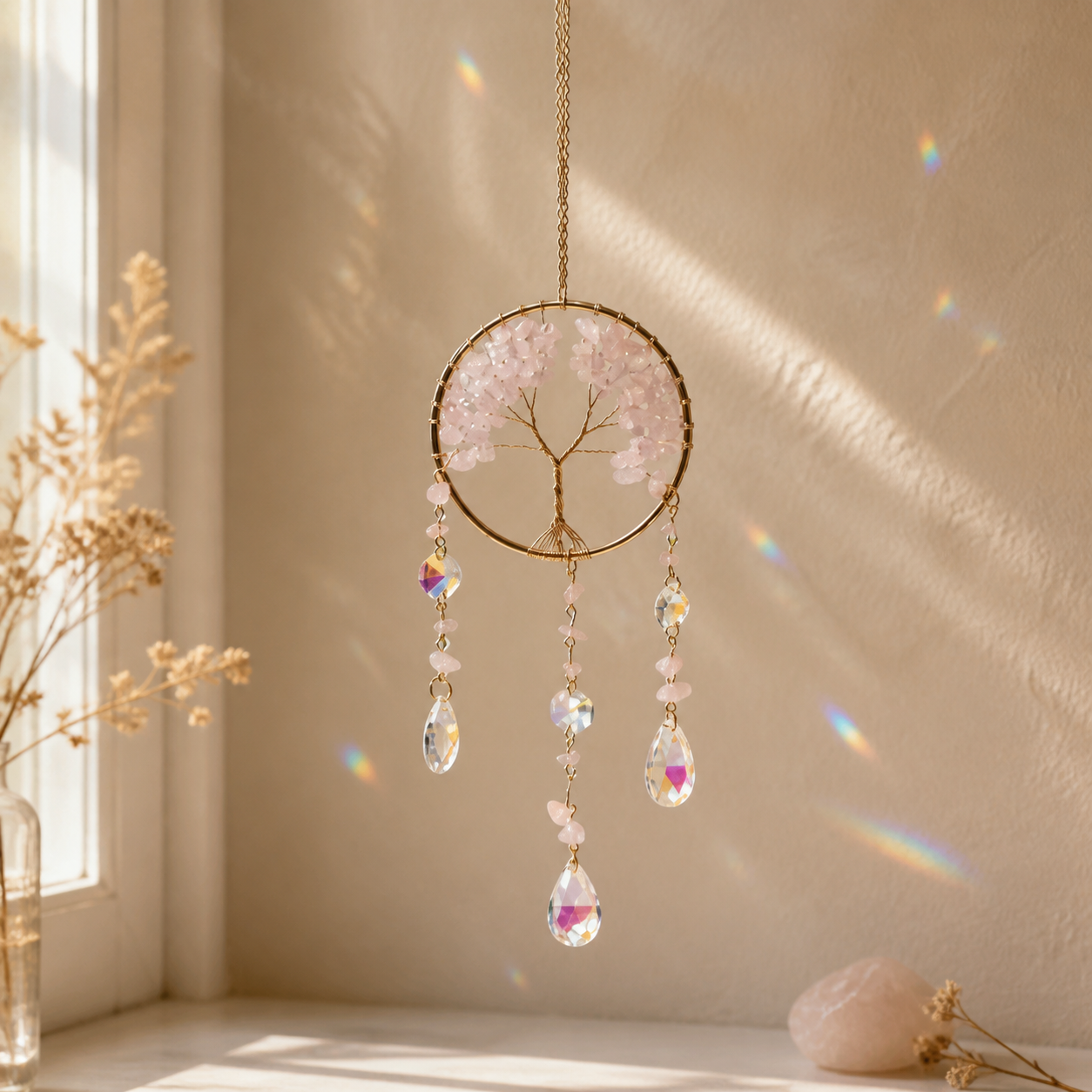 Sonnenfänger Lebensbaum mit Rosenquarz in warmer Fensterszene