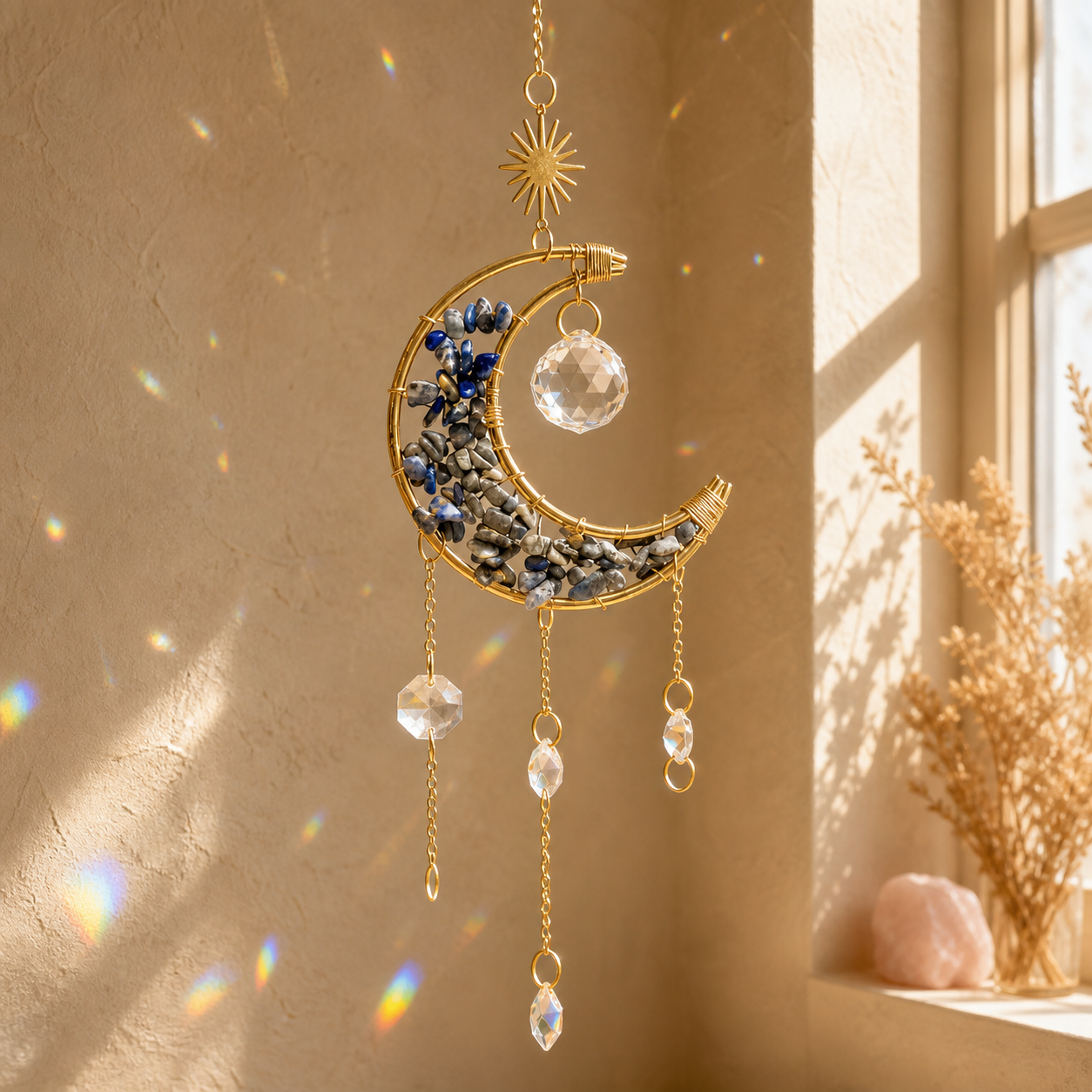 Sonnenfänger Mond mit Lapislazuli in warmer Fensterszene