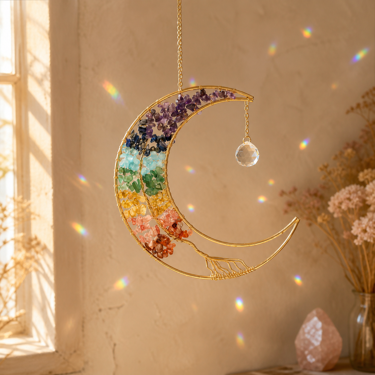 Sonnenfänger Mond mit Lebensbaum und Chakra-Steinen in warmer Fensterszene