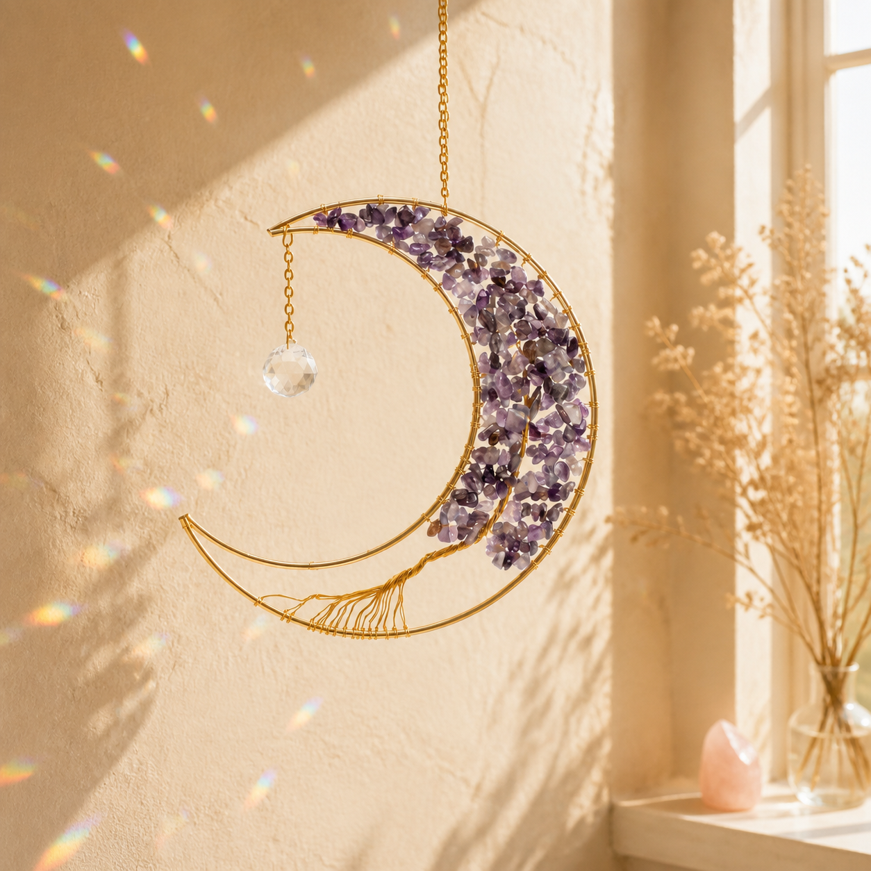 Sonnenfänger Mond mit Amethyst und Lebensbaum in warmer Fensterszene