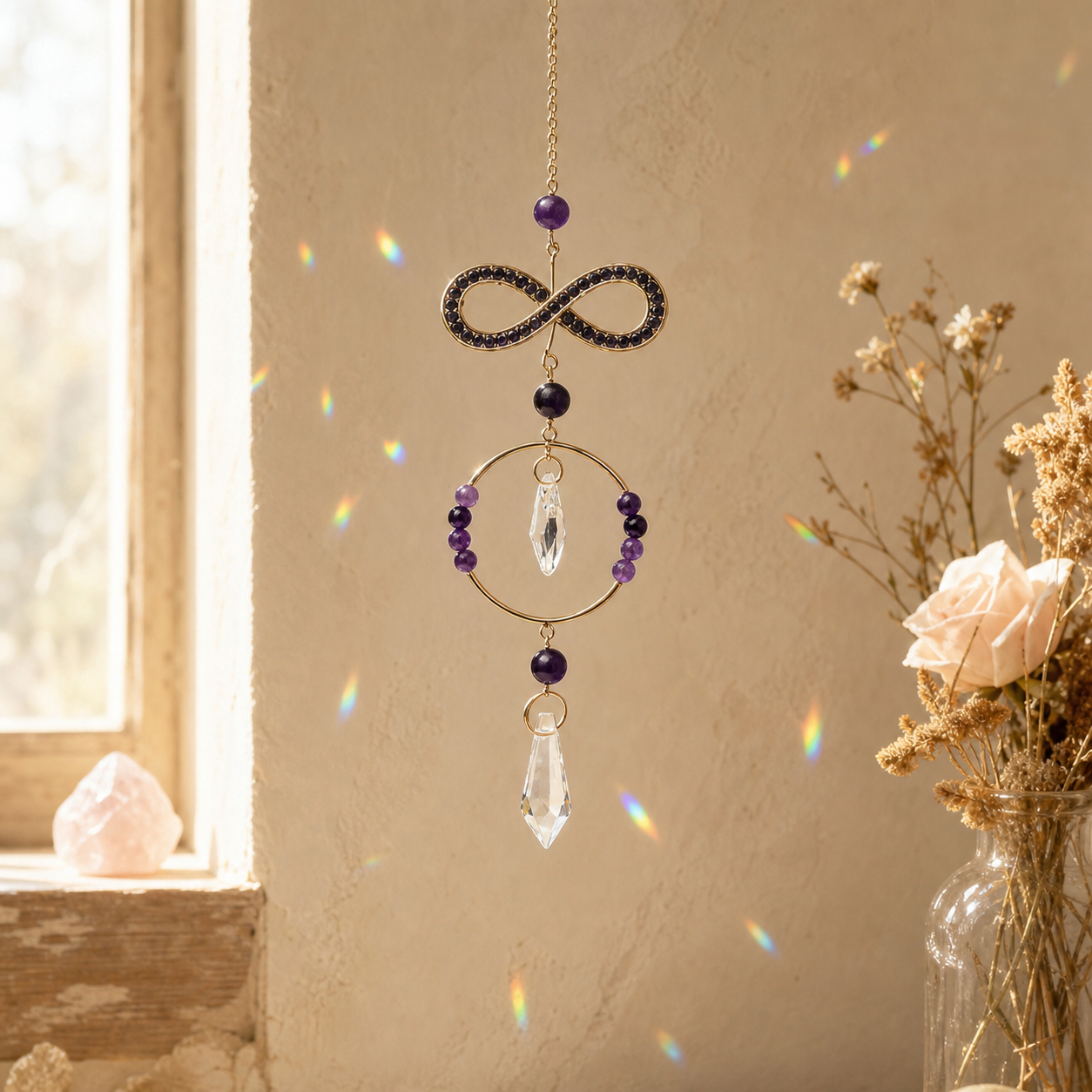 Sonnenfänger Unendlichkeit mit Amethyst und Kristall in warmer Fensterszene