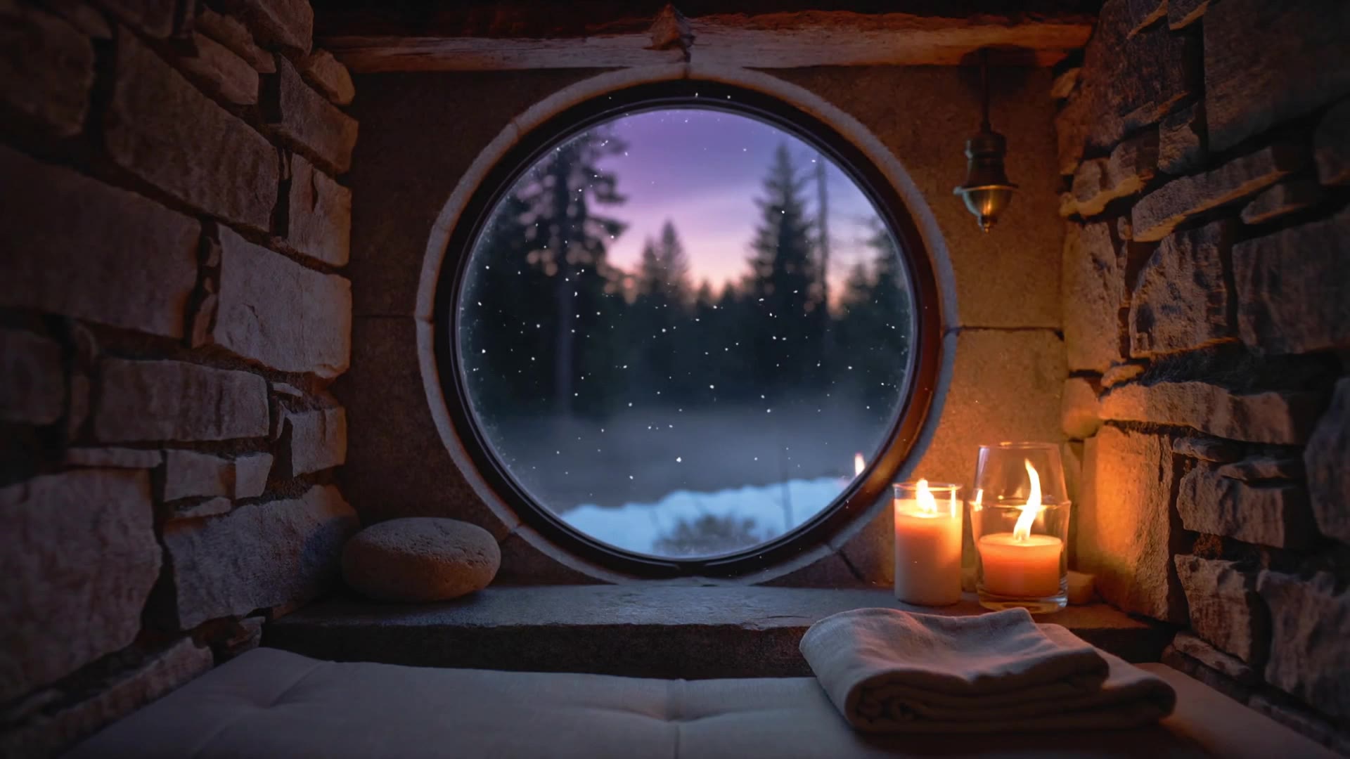 Ein warmer Raum bei Kerzenlicht mit Blick durch ein rundes Fenster in den winterlichen Wald