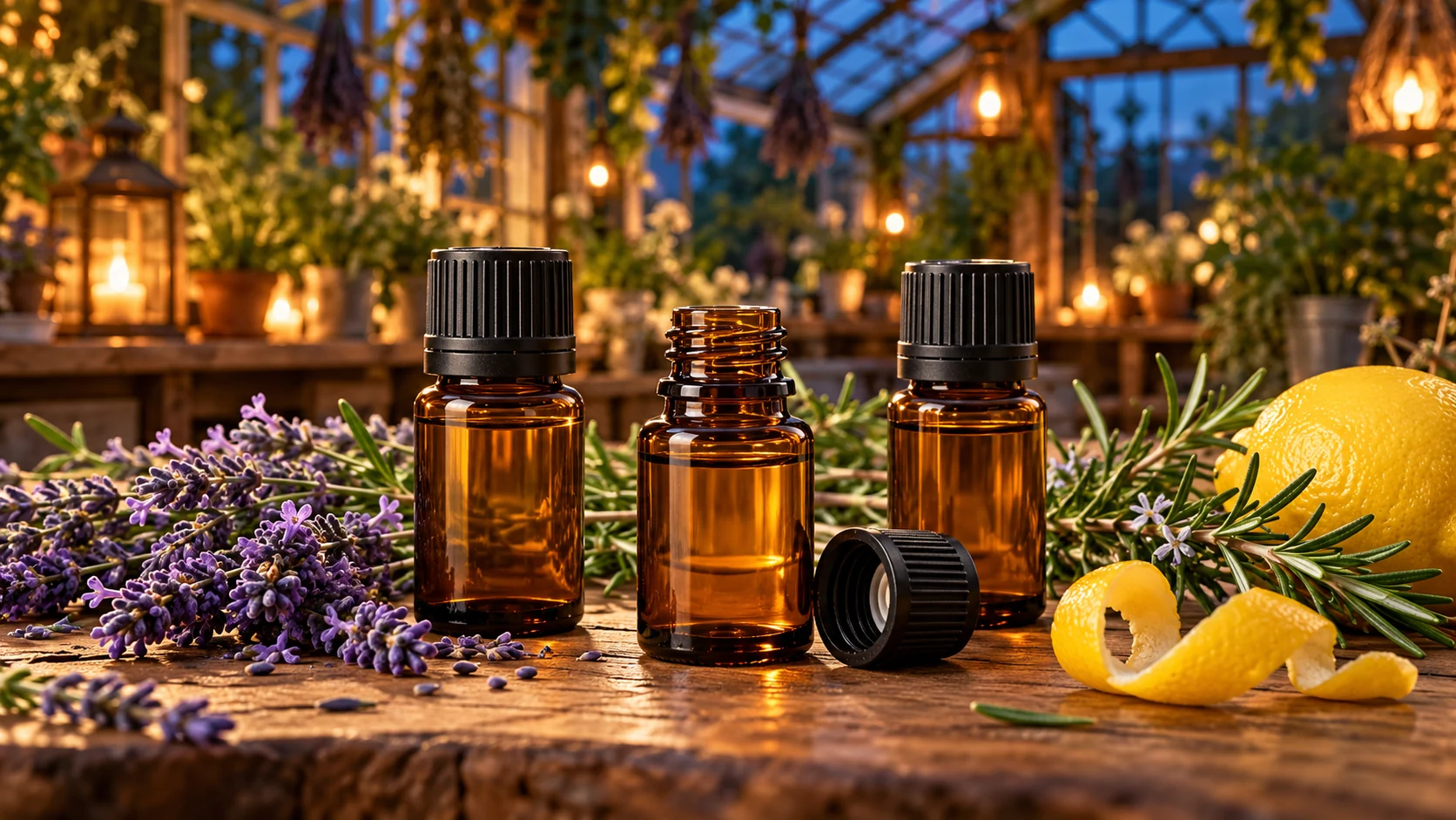 Ätherische Öle mit Lavendel und Zitrone im warmen Licht eines Duftateliers